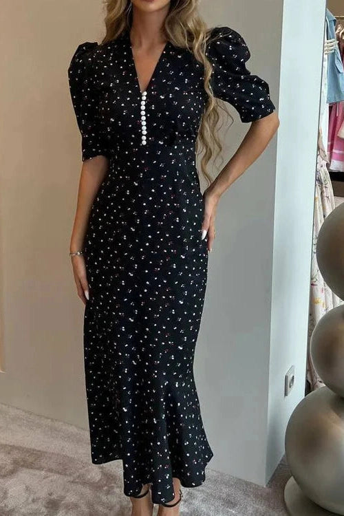 Glorol - Printed High Waist V-Neck Short Sleeve Slim Maxi Dress