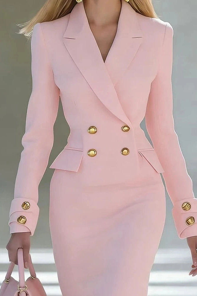 Glorol - Elegant Long Sleeve V-Neck High Waist Slim Midi Dress