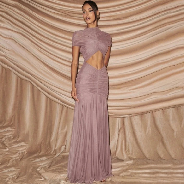 Glorol - Elegant Hollow Out Patchwork See Through Maxi Dress