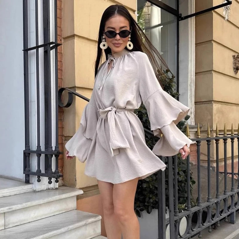 Glorol - Elegant V-Neck Lace Up Pleated Mini Dress