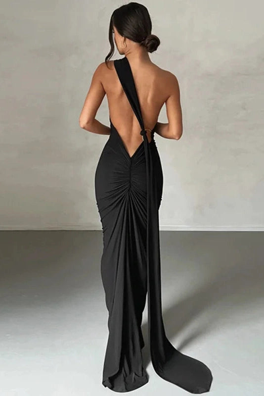Glorol - Oblique Shoulder Sleeveless Backless Maxi Dress