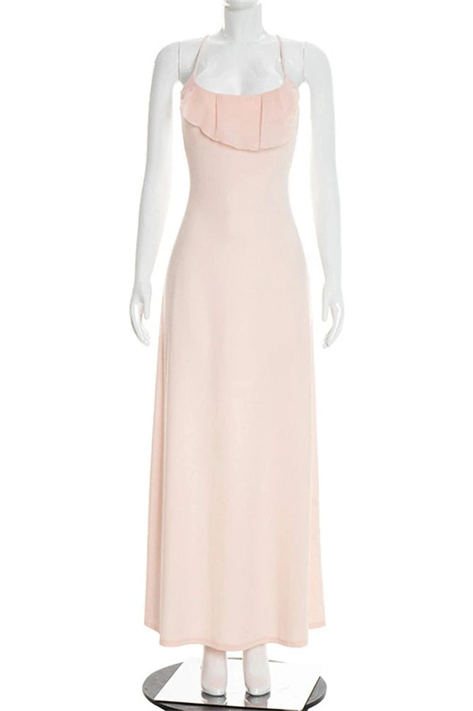 Glorol - Backless Lace-Up Patchwork Slim Maxi Dress
