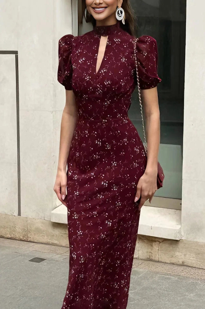 Glorol - Printed V-Neck Short Sleeve High Waist Maxi Dress