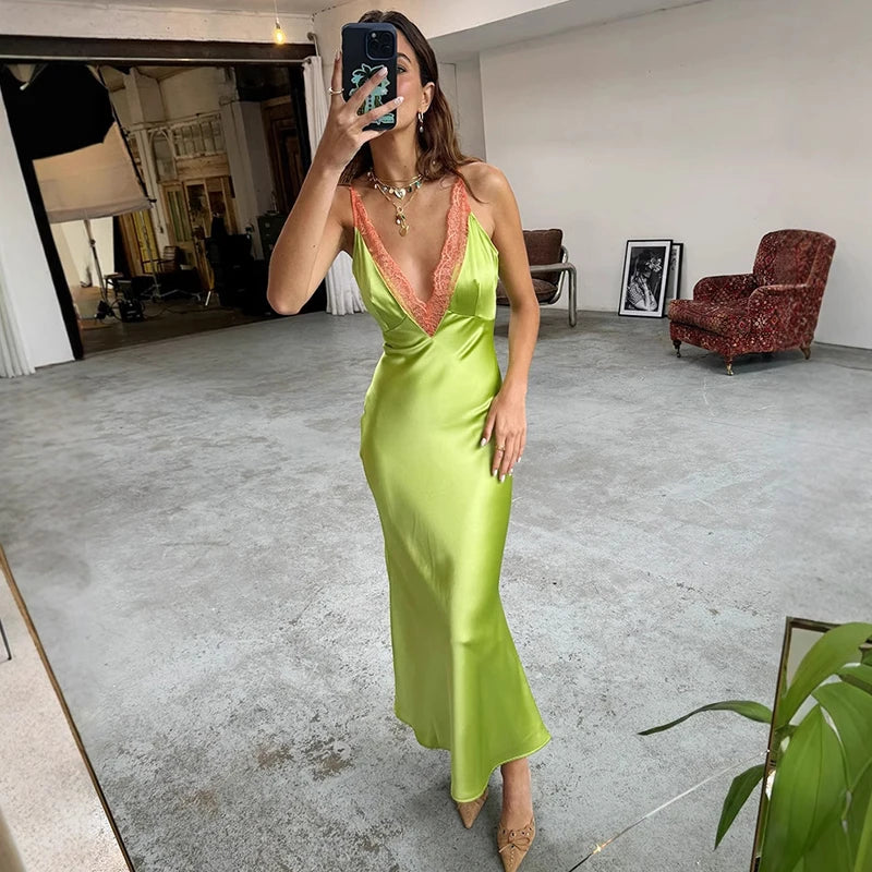 Glorol - Lace Spaghetti Strap Deep V Neck Bodycon Maxi Dress