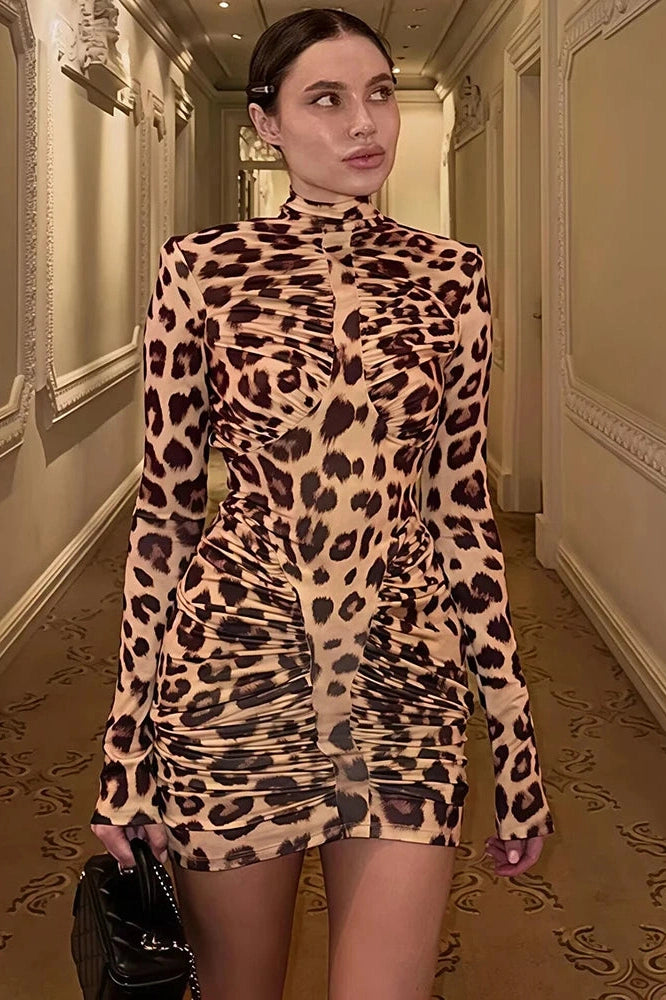 Glorol - Printed Turtleneck Backless Long Sleeve Bodycon Mini Dress