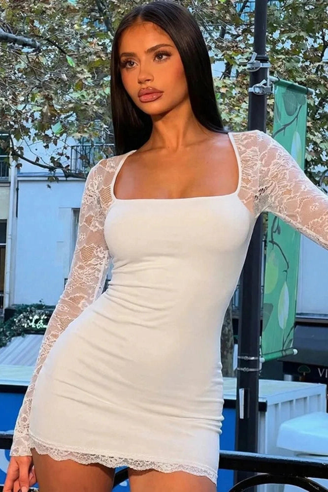 Glorol - Lace Long Sleeve Patchwork Square Collar Mini Dress