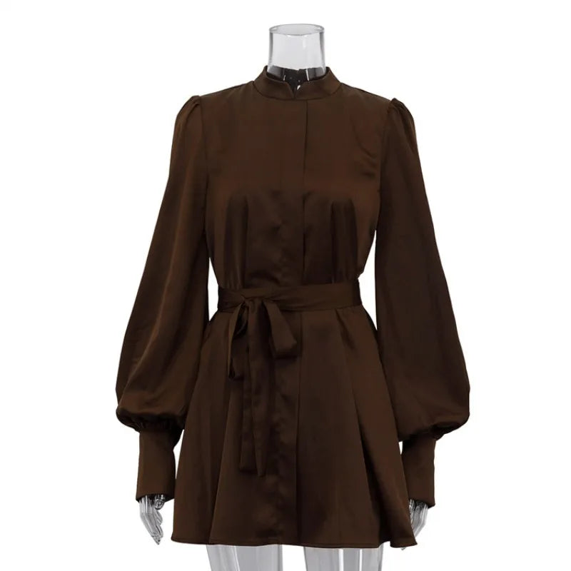 Glorol - Elegant Lace Up Half High Neck High Waist Mini Dress