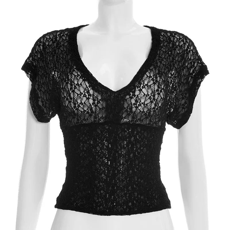 Glorol - Hollow-Out Slim V-Neck Short-Sleeve Top