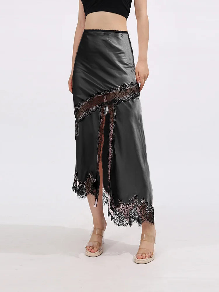 Glorol - High Waist Lace Splice Hollow Slit Skirt