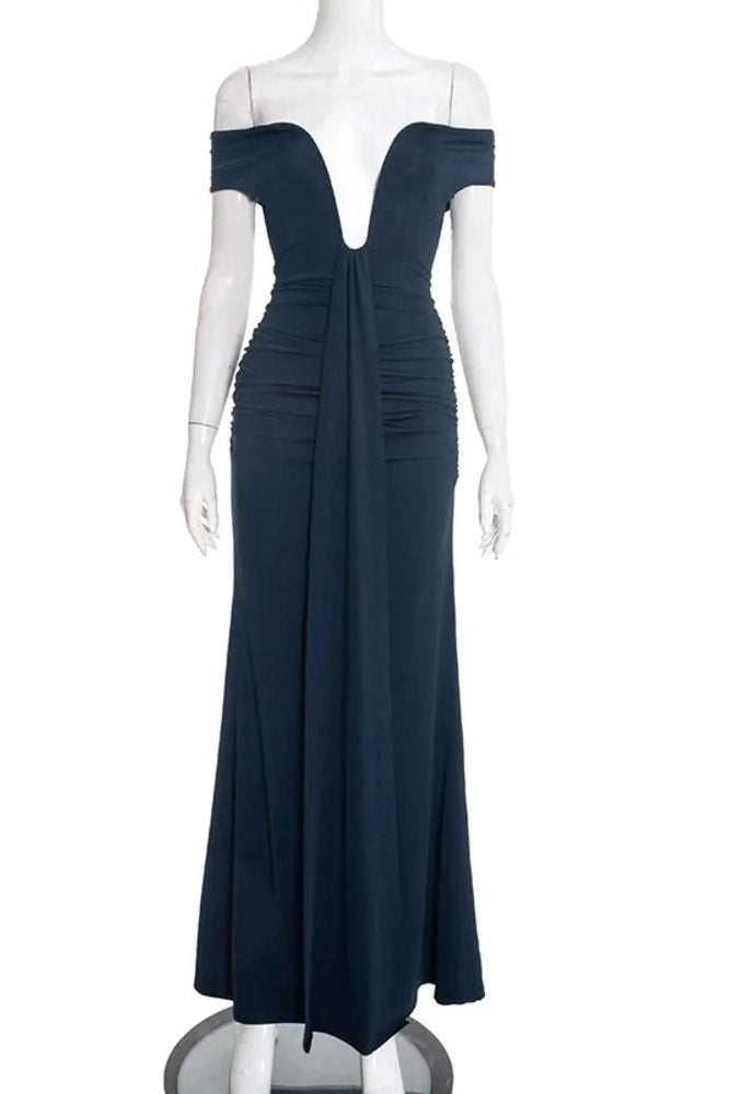 Glorol - Off-Shoulder Strapless Deep V Neck Sleeveless Bodycon Maxi Dress
