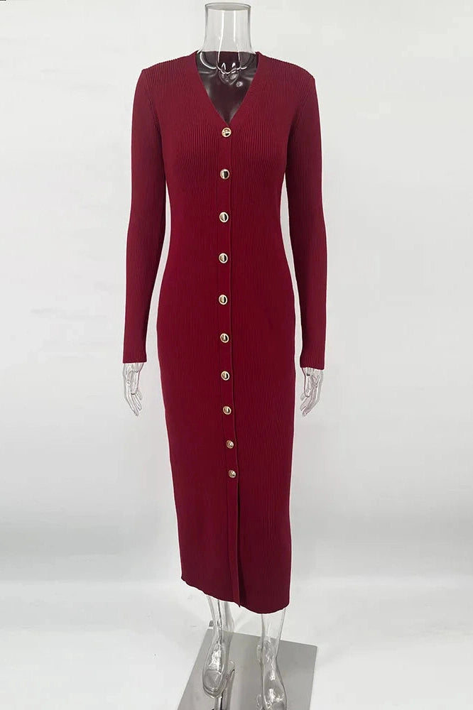 Glorol - Elegant Long Sleeve Knitted Slim Midi Dress