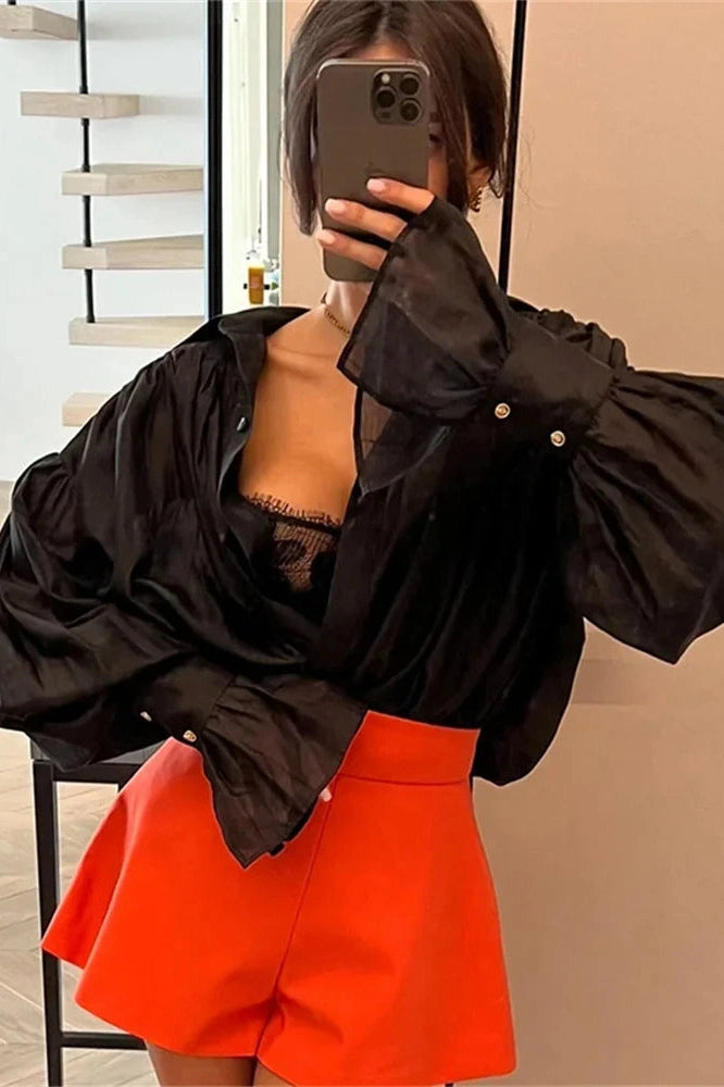 Glorol - See-Through Loose Slim Long Sleeve Pleated Top