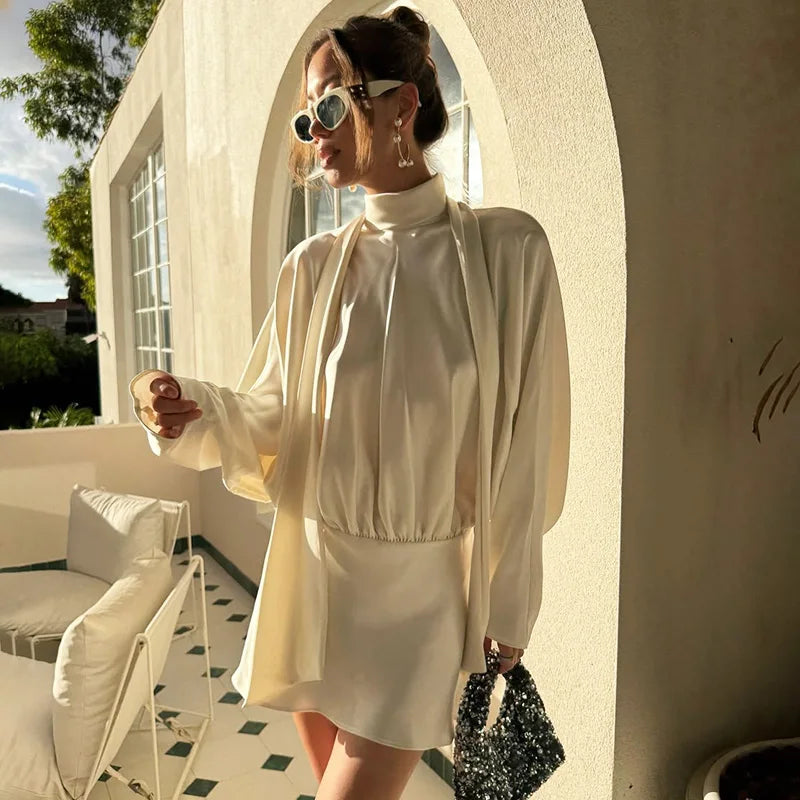 Glorol - Elegant Scarf Ribbon Patchwork High Waist Mini Dress
