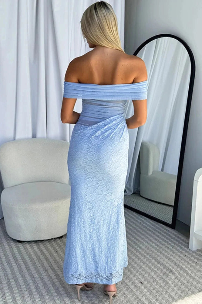 Glorol - Off-Shoulder Strapless Sleeveless Backless Lace See Through Maxi Dress
