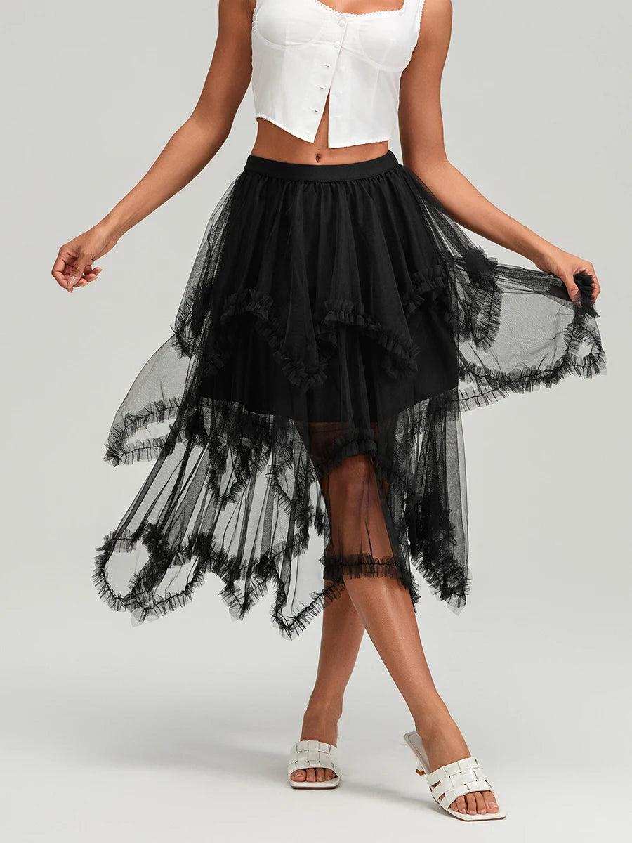 Glorol - High Waist Layered Tulle Frill Trim Skirt