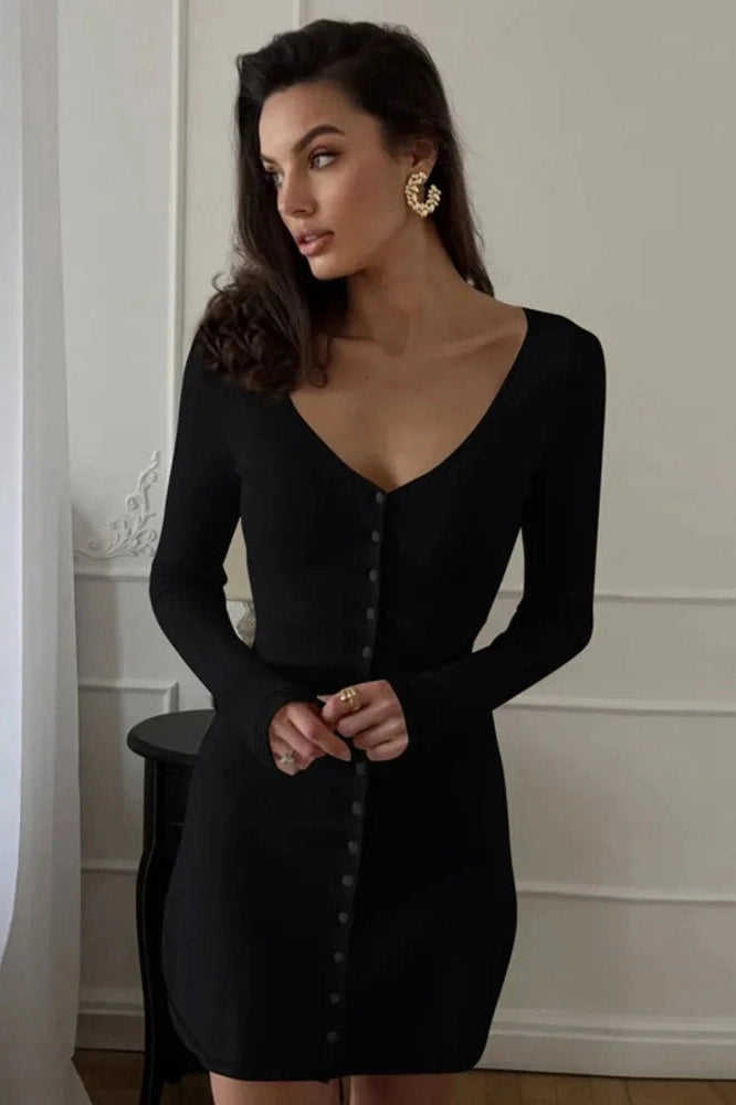 Glorol - V Neck Long Sleeve Single-Breasted High Waist Mini Dress