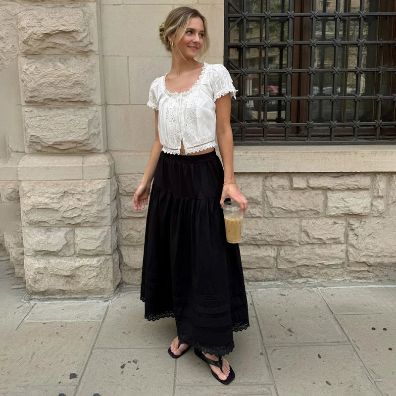 Glorol - High Waist Loose A-Line Lace Skirt
