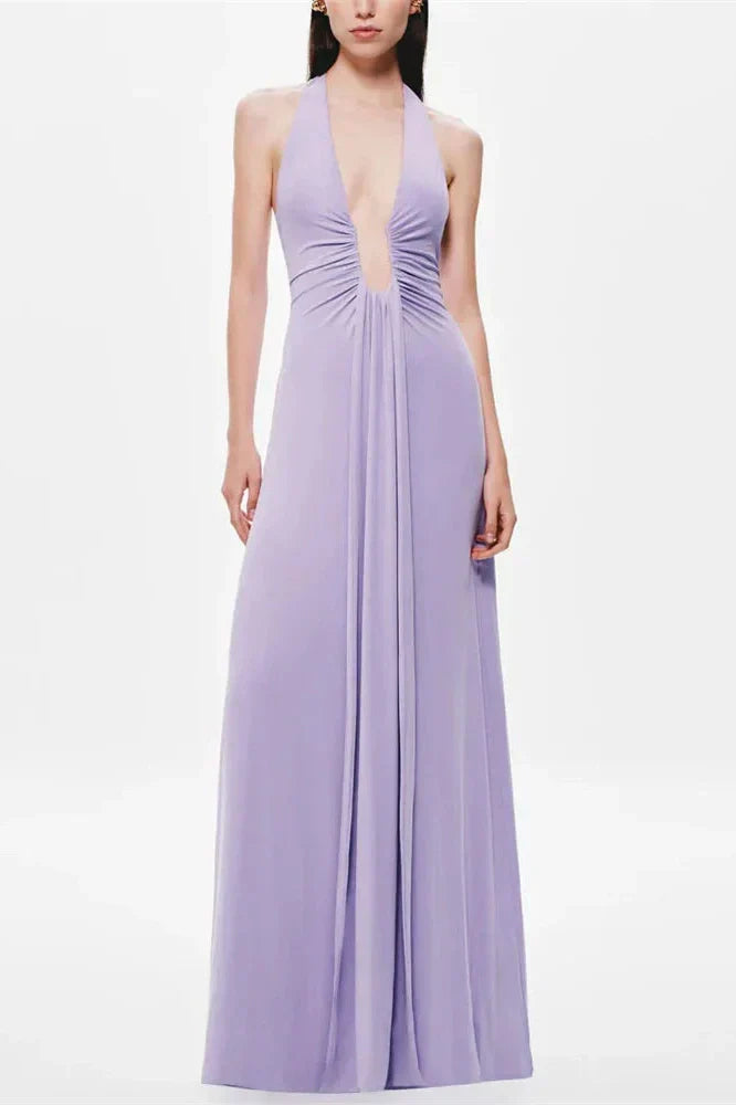 V-Neck High Waist Backless Slim Pleated Maxi Dress