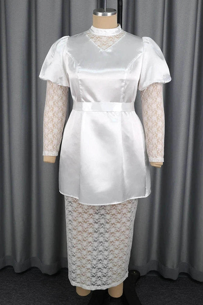 Glorol - Elegant High Waist High Collar Puff Sleeve Lace Midi Dress