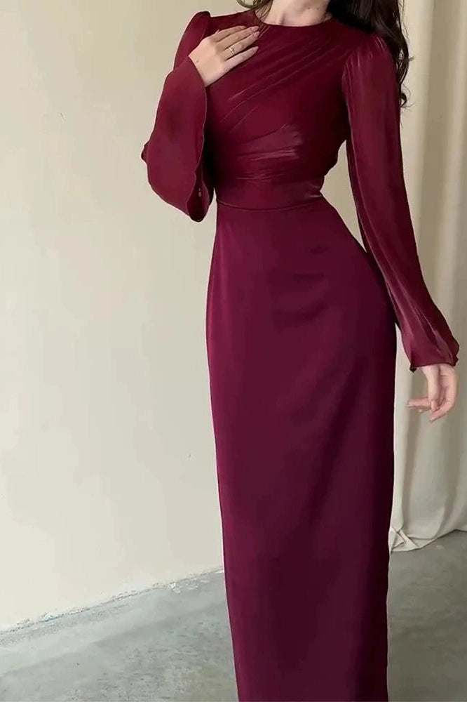 Glorol - Elegant O-Neck Long Sleeve Slim Maxi Dress