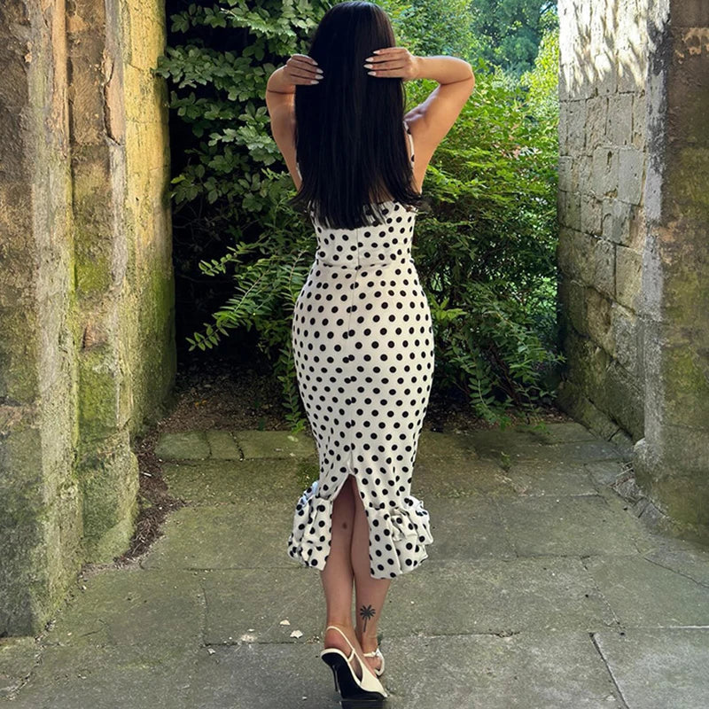 Polka Dot Slim Sleeveless Midi Dress