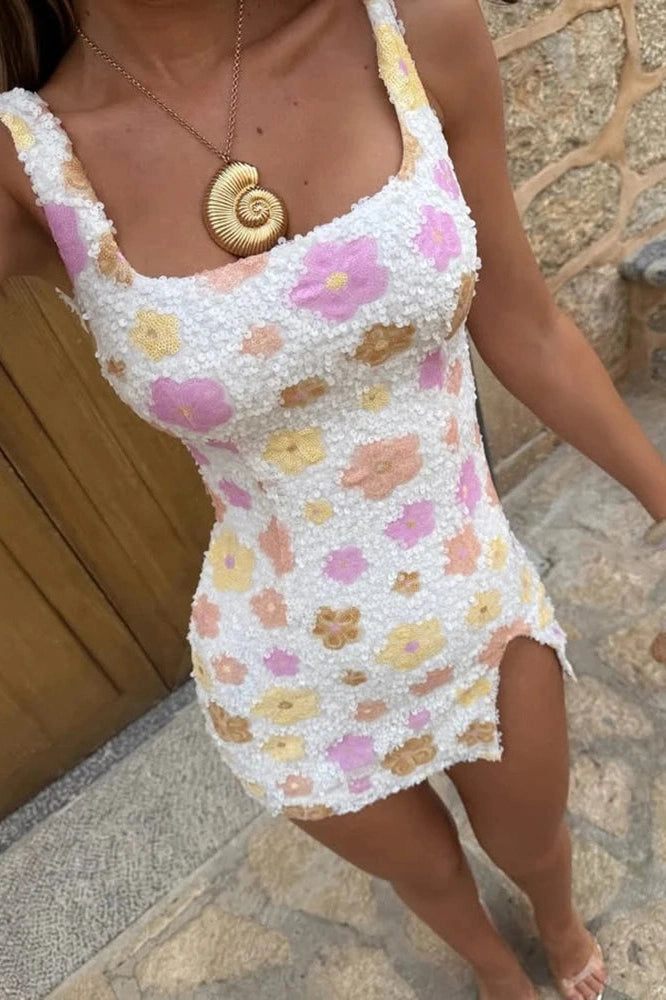 Glorol - Printed Square Collar Sleeveless Backless Split Mini Dress