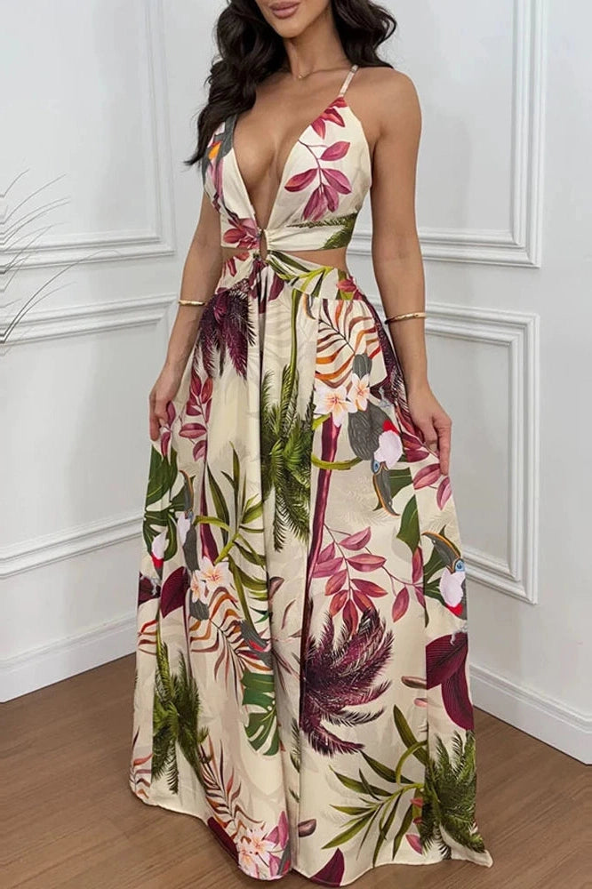 Glorol - Hollow Out V-Neck Sleeveless Backless Pleated Printed Maxi Dress