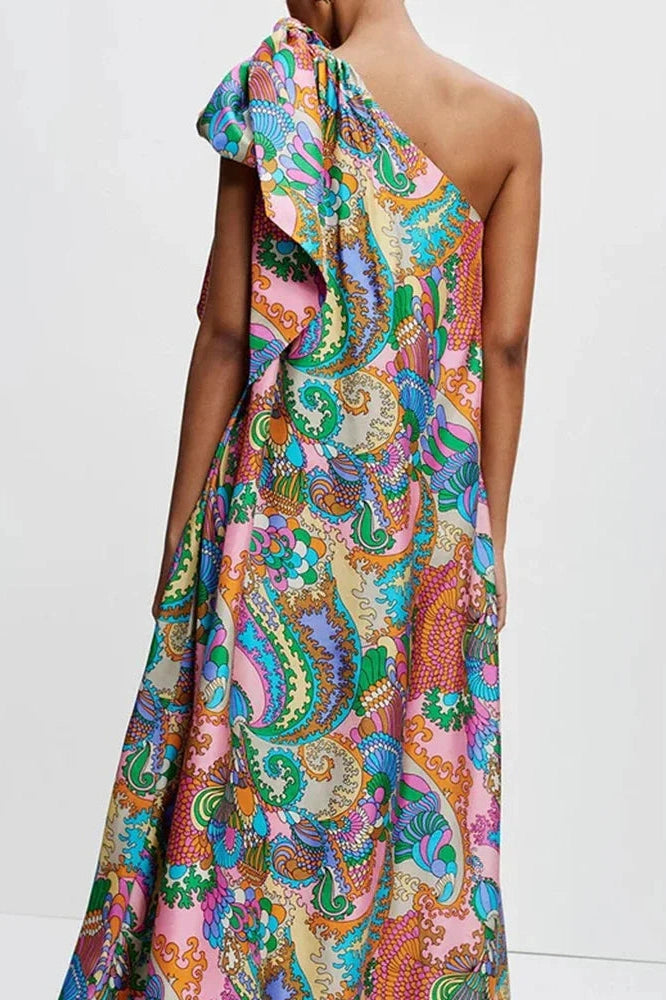 Glorol - Elegant Printed Off Shoulder Pleated Maxi Dress