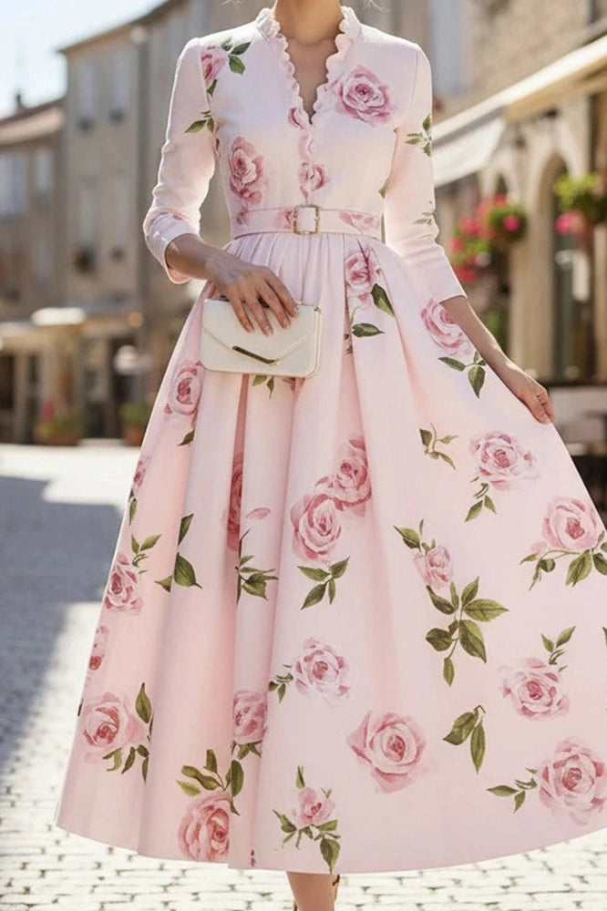 Glorol - Elegant High Waist A-Line V-Neck Printed Long Sleeve Pleated Midi Dress