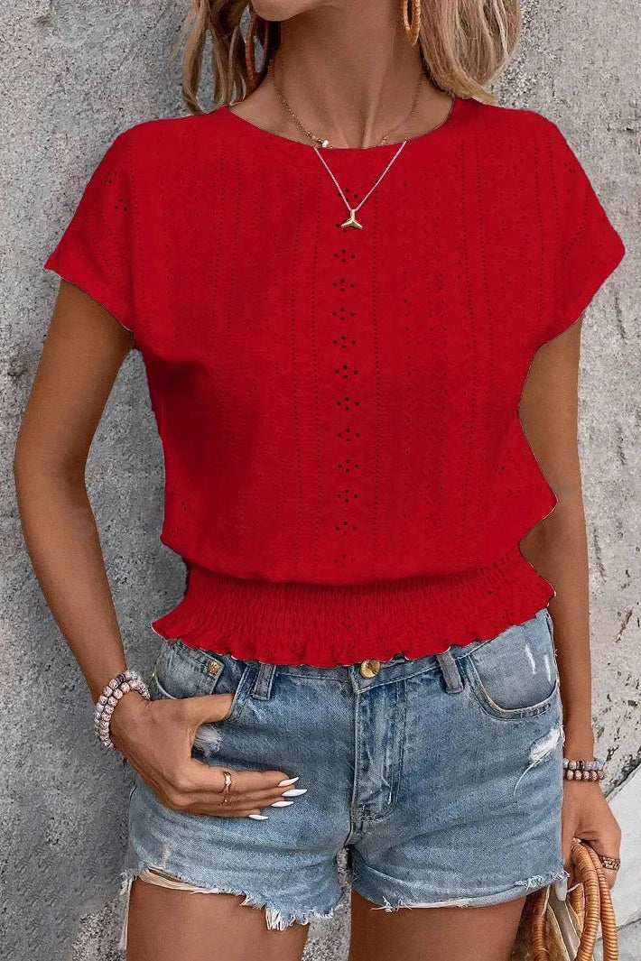 Glorol - Hollow Short-Sleeved O-Neck Top