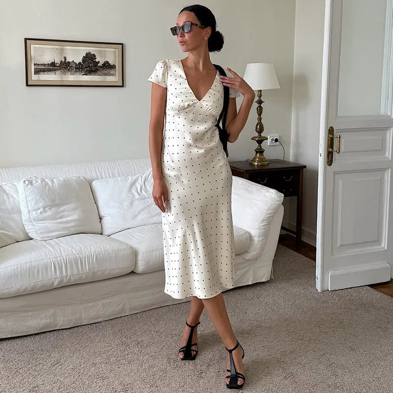 Glorol - Printed Short Sleeve V Neck High Waist Midi Dress