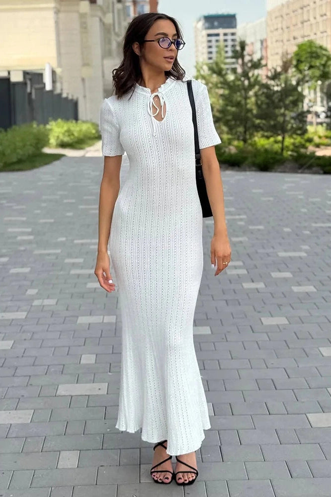 Glorol - Hollow-Out Short Sleeve Knitted Slim High Waist Maxi Dress