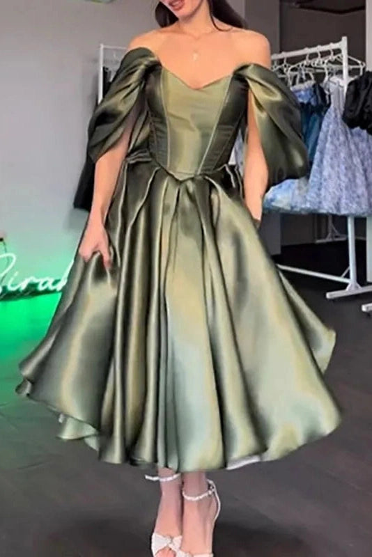 Glorol - Off Shoulder Printed High Waist Pleated Maxi Dress