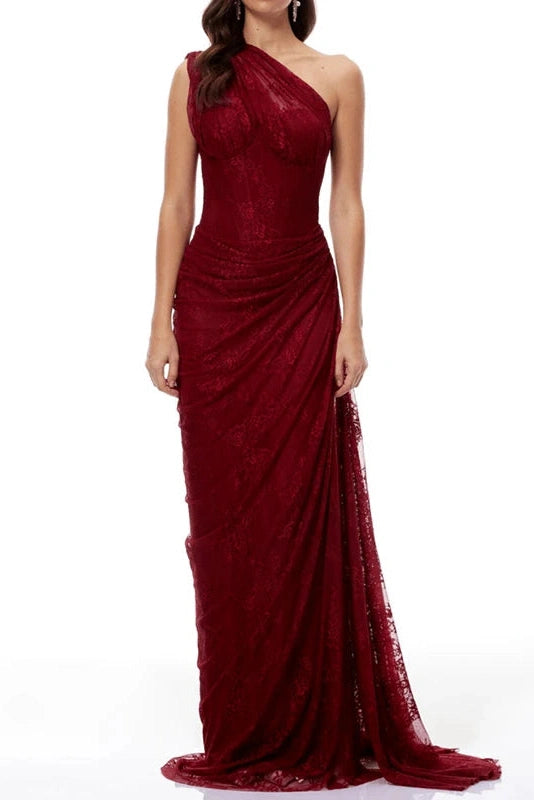 Glorol - Lace Embroidery Slim High Waist Slash Collar Maxi Dress