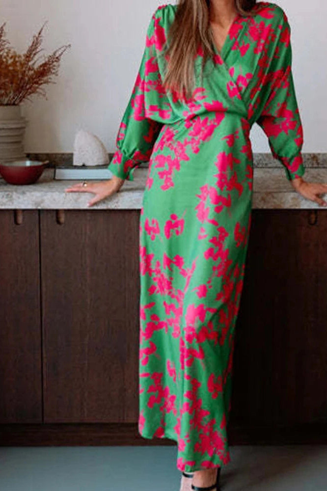 Glorol - Elegant Long Sleeve High Waist Printed V-Neck Maxi Dress