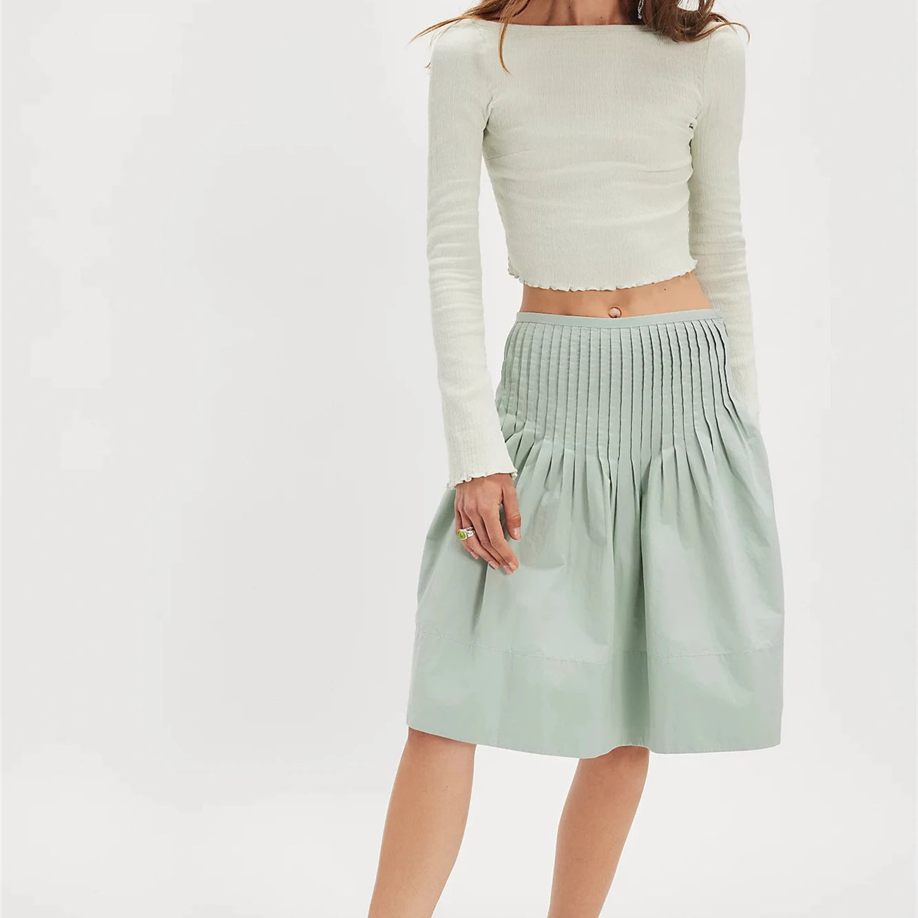 Glorol - Pleated Side Zipper High Waist Loose A-line Skirt