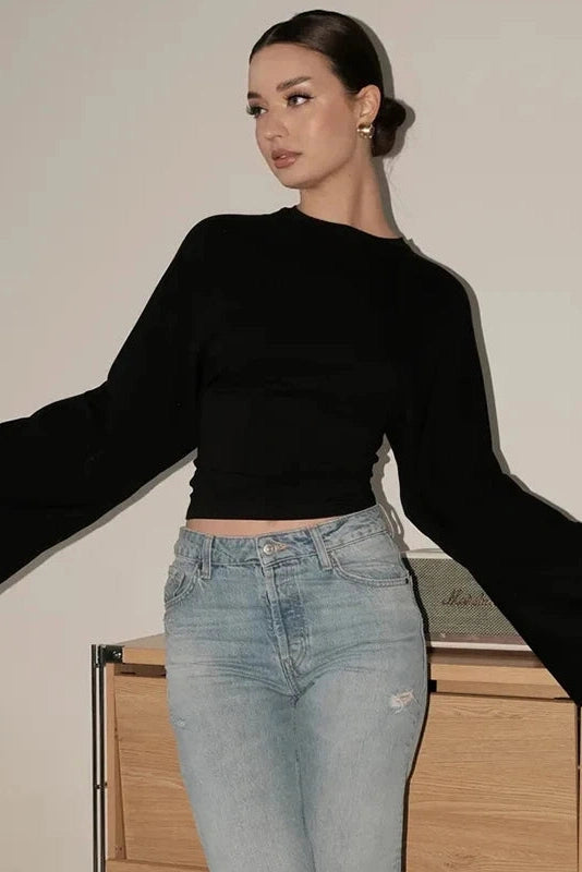 Glorol - Lace Slim Round-Neck Long-Sleeve Top