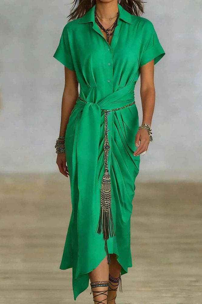 Glorol - Elegant Pleated Lace Up Short Sleeve Midi Dress