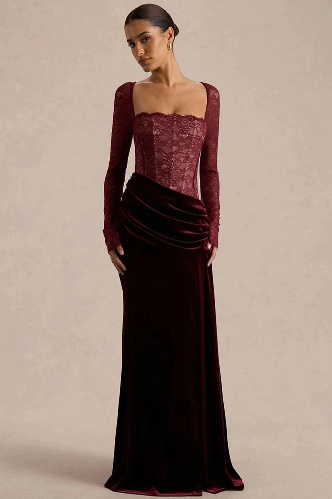 Glorol - Lace Velvet Square-Neck See Through Long Sleeve Split Maxi Dress