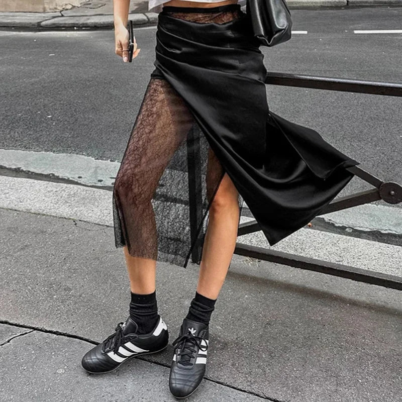 Glorol - Lace Splice See Through High Waist Skirt
