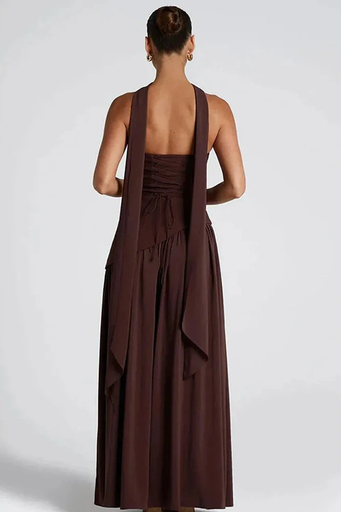 Notiglo - Scarf Neck Sleeveless Off Shoulder A-Line Maxi Dress