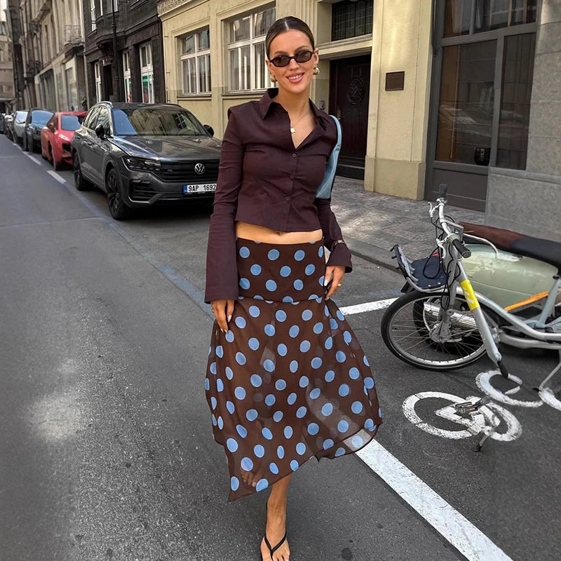 Glorol - High Waist Irregular Polka Dot Mesh Skirt