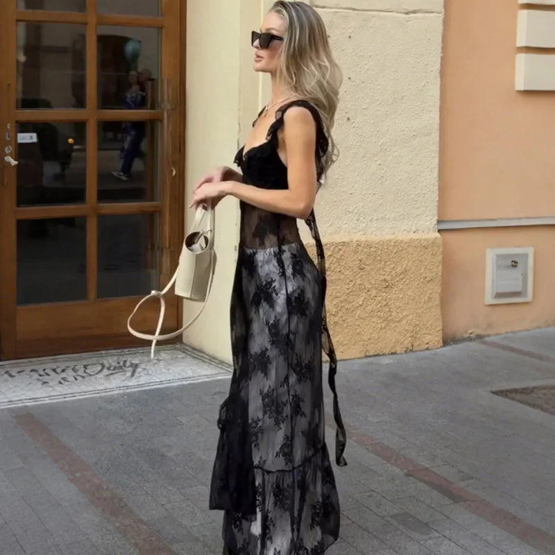 Glorol - See Through Patchwork Split Backless Maxi Dress