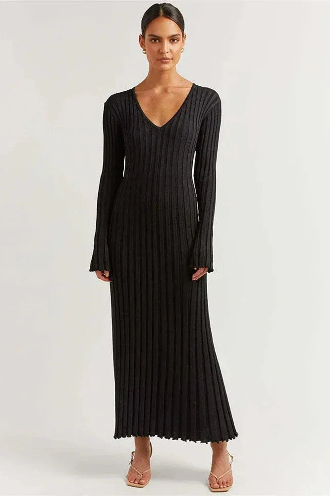 V-Neck Knit Long Sleeve High Waist Pleated Maxi Dress