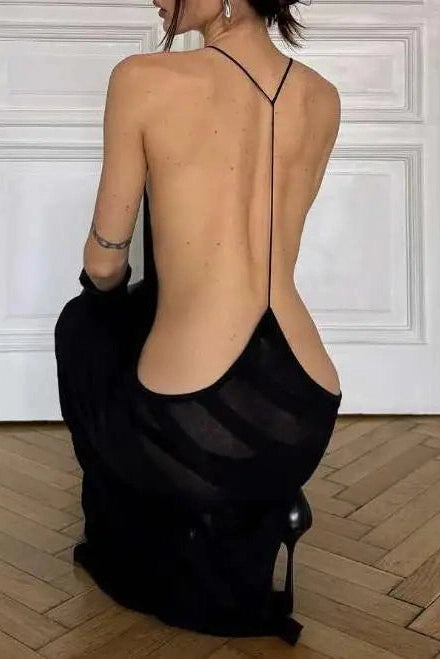 Glorol - Backless Spaghetti Strap See-Through Maxi Dress