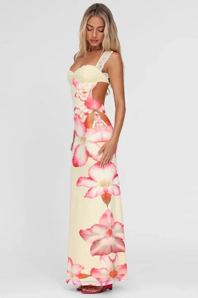 Glorol - Lace Printed Square Collar Sleeveless Lace-Up Bodycon Maxi Dress