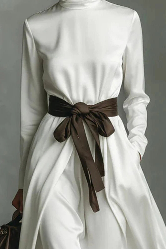 Glorol - Elegant Lace Up Pleated Turtleneck Long Sleeve Maxi Dress