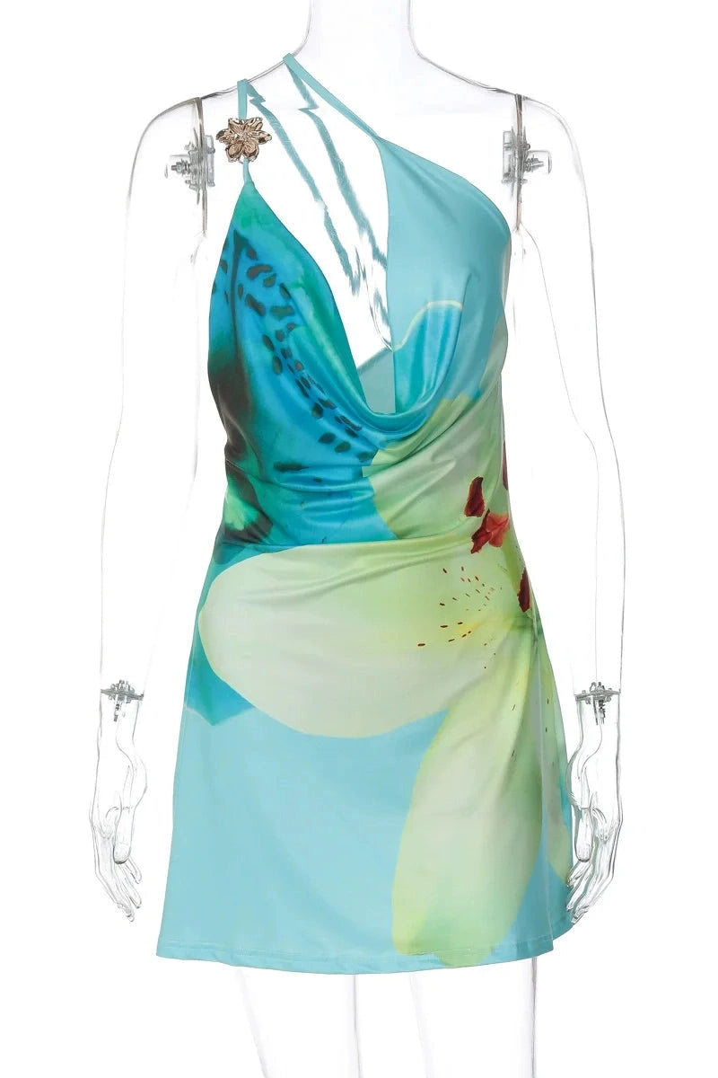 Glorol - Elegant One-Shoulder Printed Sleeveless High Waist Mini Dress
