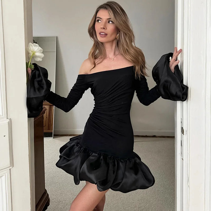 Glorol - Elegant Off Shoulder Patchwork Backless Mini Dress