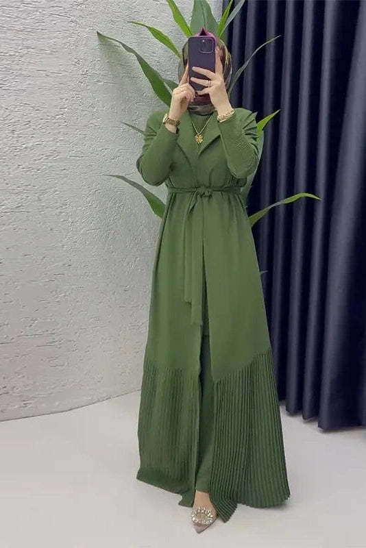 Glorol - Elegant O-Neck Long Sleeve High Waist Pleated Maxi Dress